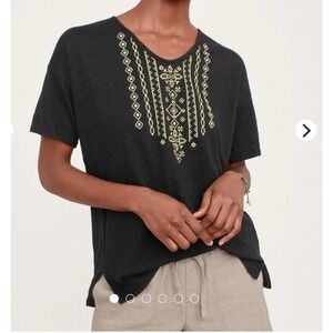 Garnet Hill Organic-Linen Embroidered V-neck Tee Short Sleeves Women Size Small